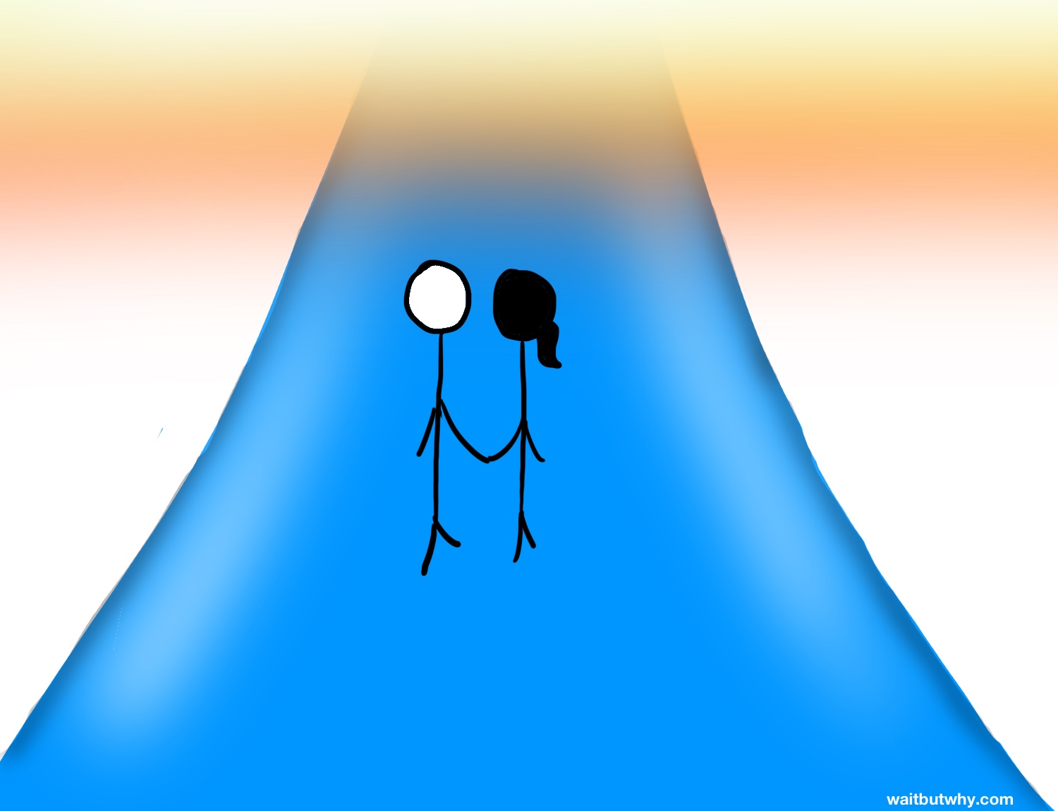 couple walking down blue road