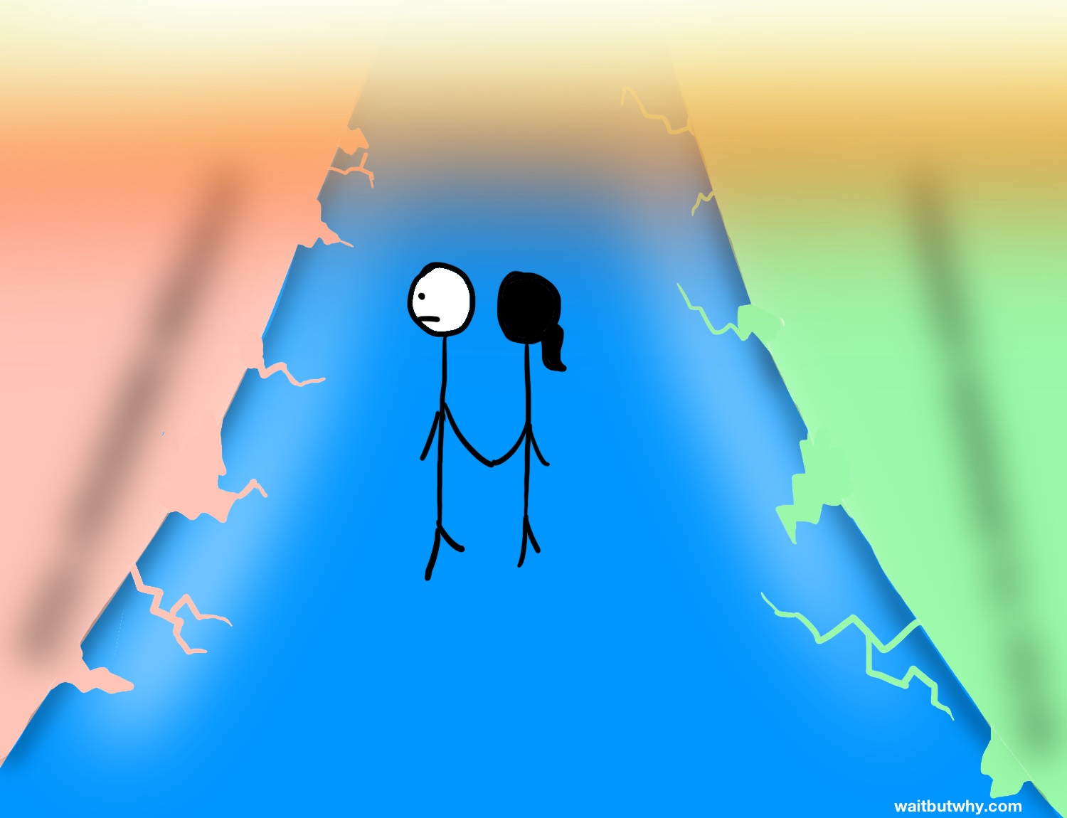 edges of blue road start to crack; concerned stick figure