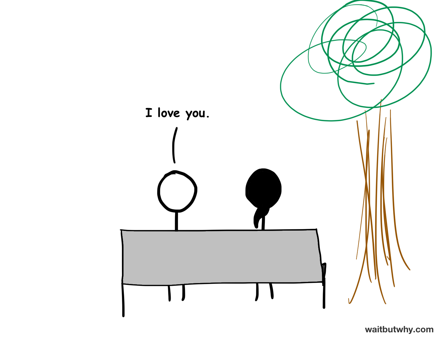 stick figure couple on park bench. "I love you"