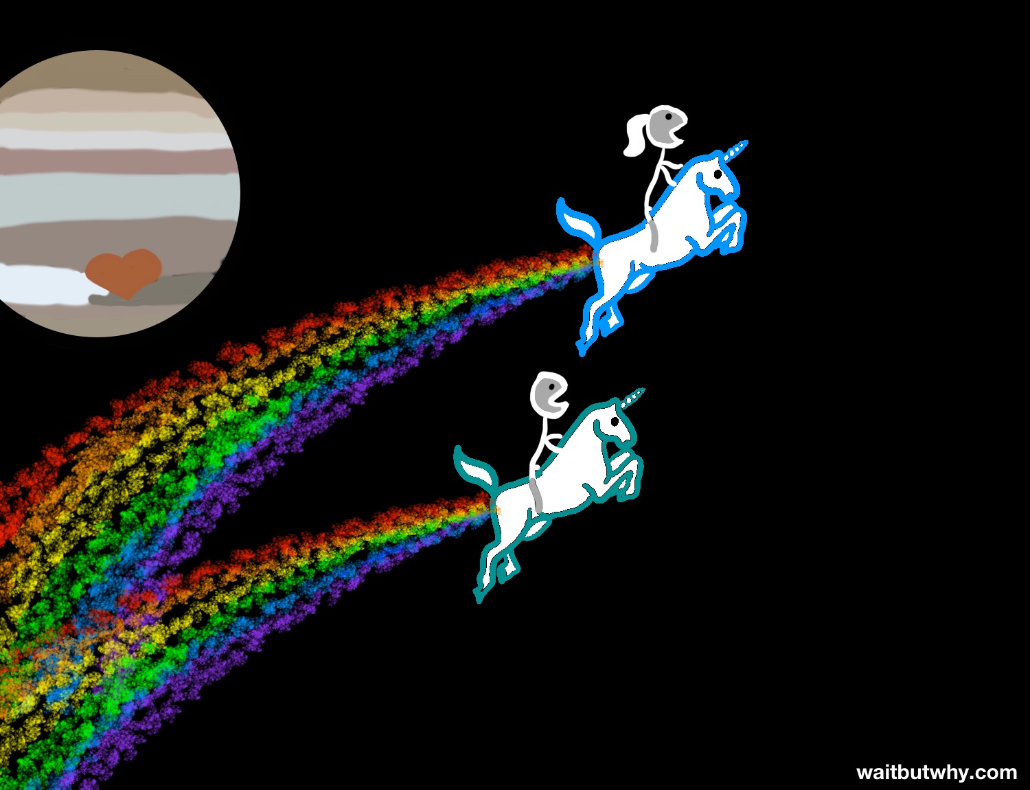 stick figure couple riding unicorns