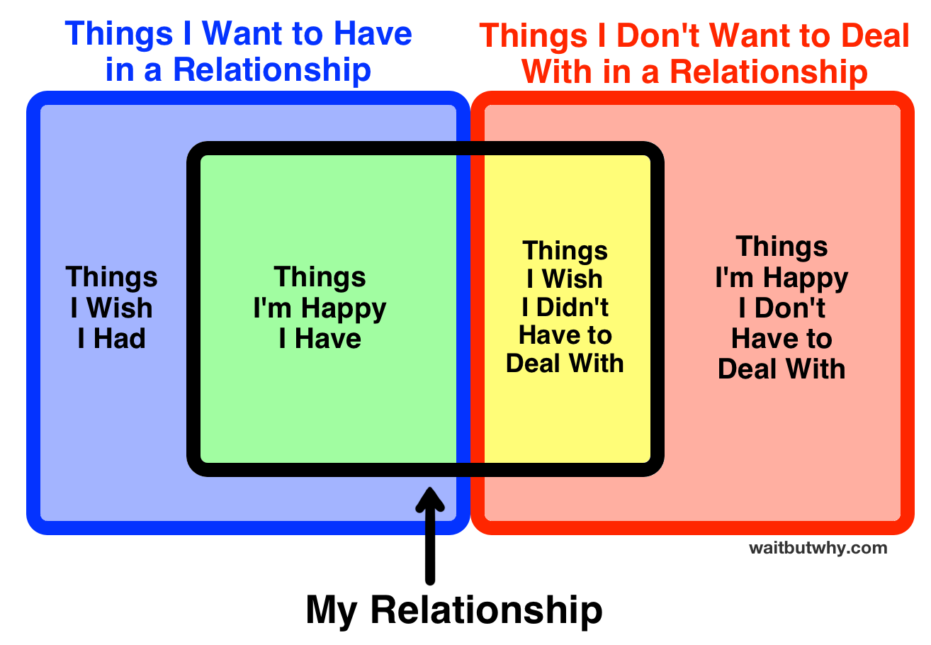 Venn: Things I Want to Have in a Relationship and Things I Don't Want to Deal With in a Relationship. (from left to right) blue: Things I Wish I Had, green: Things I'm Happy I Have, yellow: Things I Wish I Didn't Have to Deal With, red: Things I'm Happy I Don't Have to Deal With