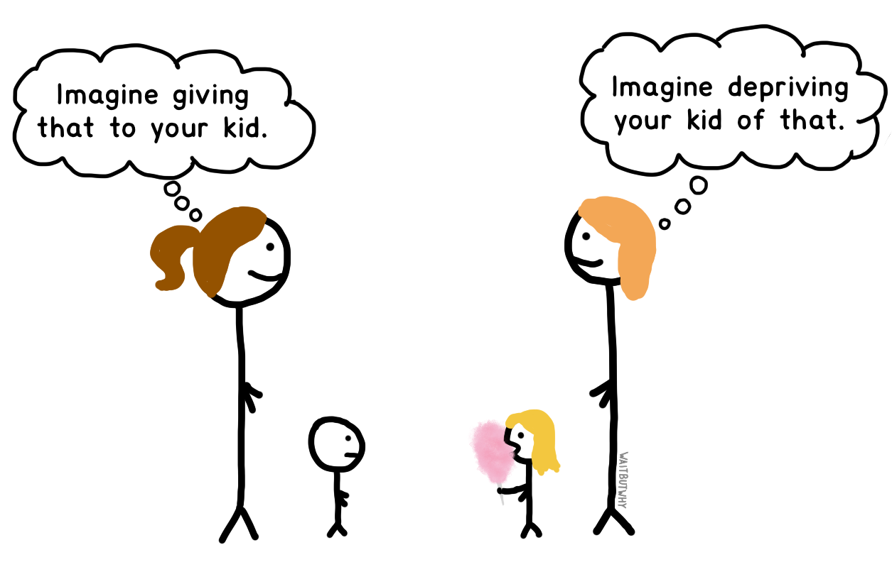 Two parents silently judging each other. The parent of the toddler without cotton candy thinks: Imagine giving that to your kid. The parent of the toddler with cotton candy thinks: Imagine depriving your kid of that.